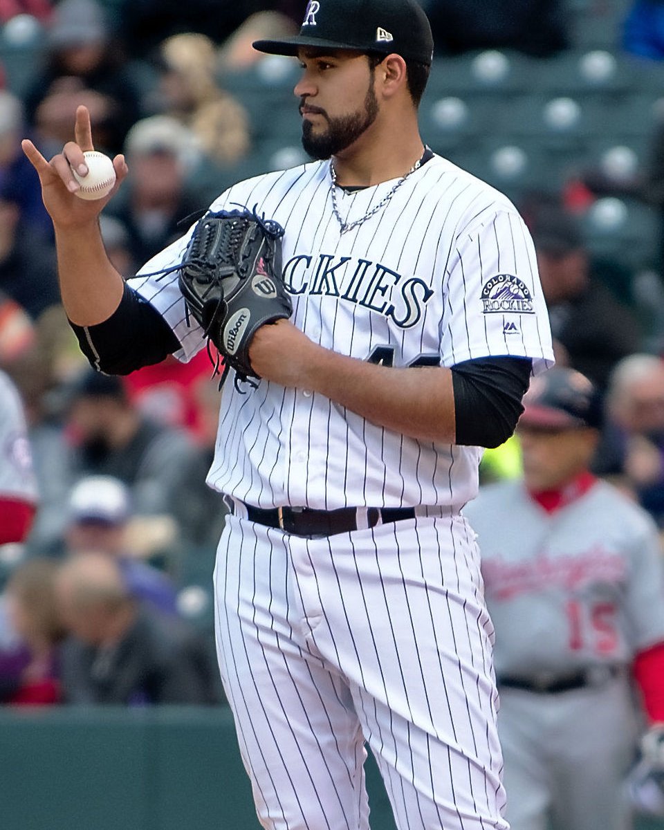 Antonio Senzatela pitching for the Colorado Rockies at Coors Field in April 2017.