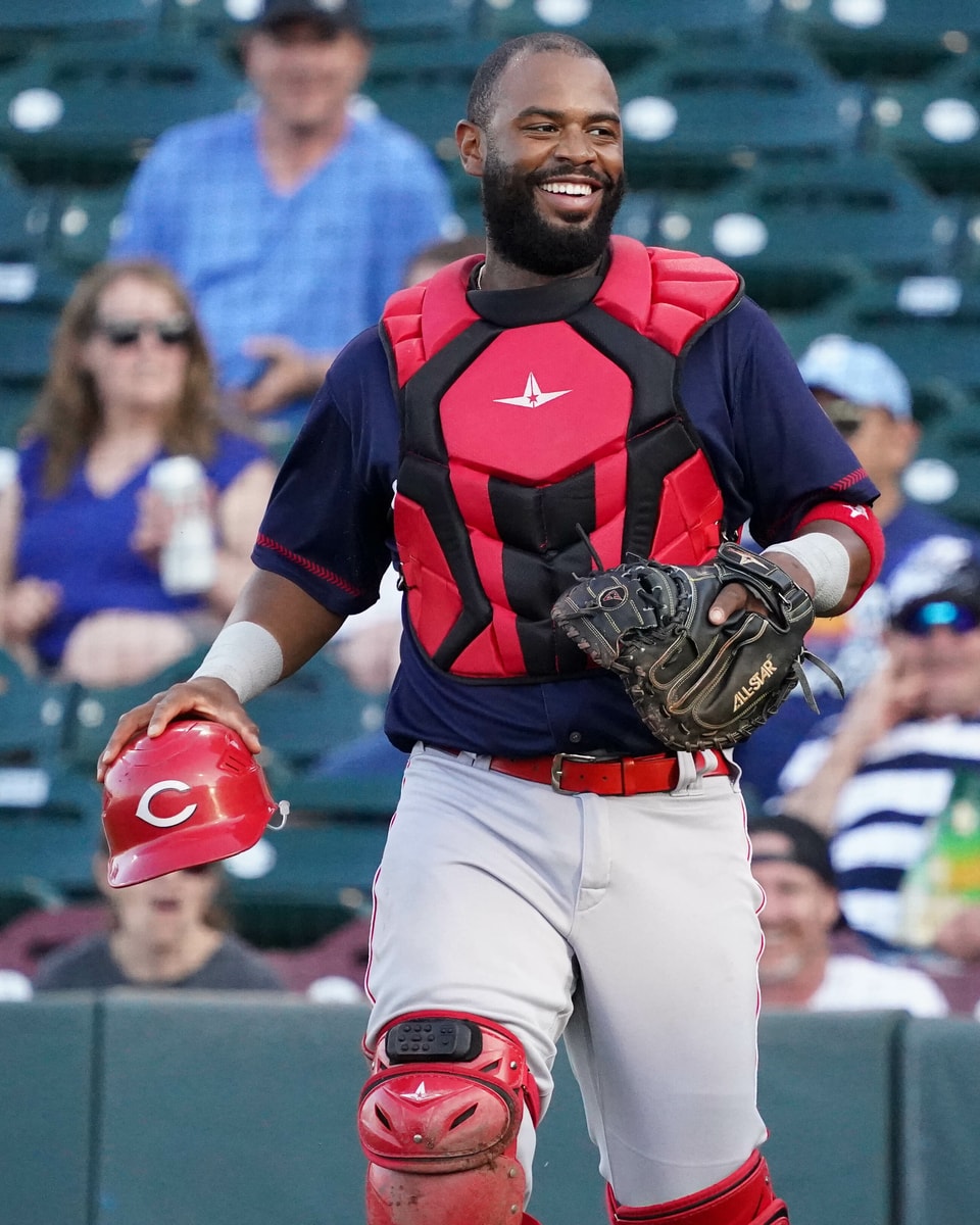 Chuckie Robinson catching for the Louisville Bats (Triple-A) in 2023
