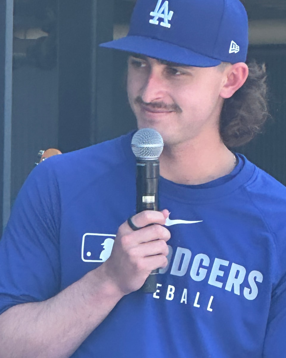 Justin Wrobleski being interviewed before a Los Angeles Dodgers game in 2025