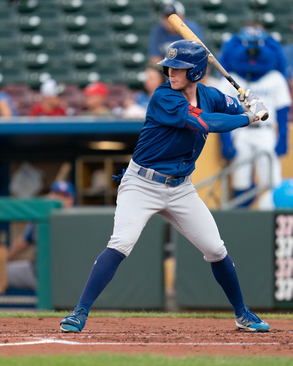 Pete Crow-Armstrong batting for the Iowa Cubs in 2023.