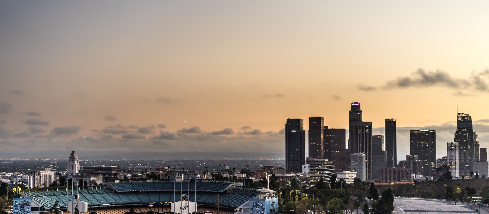 Dodger Stadium with downtown Los Angeles in the background