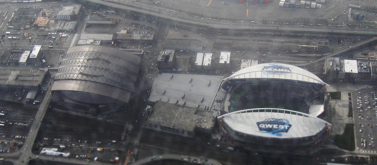 Aerial view of T-Mobile Park and nearby stadiums in Seattle