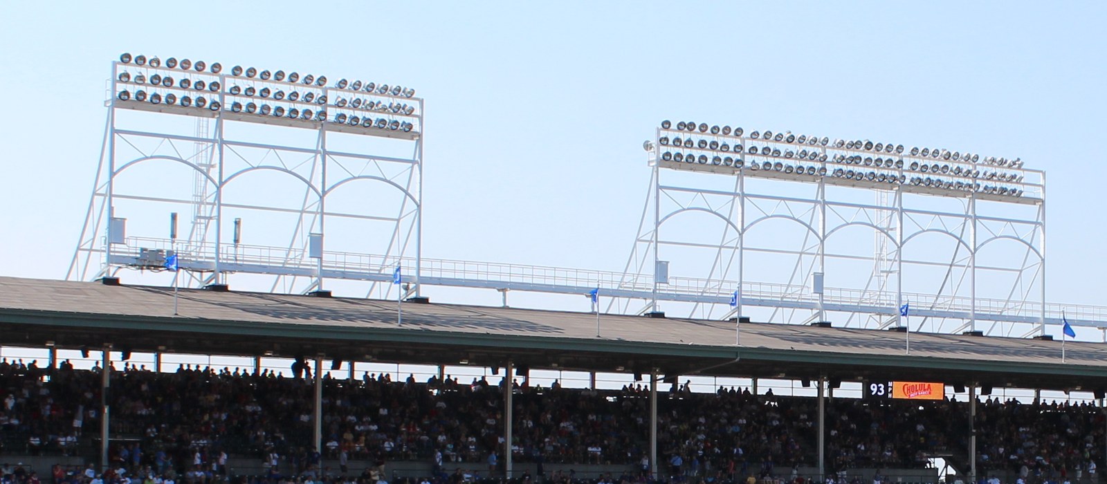 Wrigley Field left field grandstand with roof and stadium lights